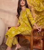 Womens silk blend ethnic motifs printed yellow kurta and trousers with dupatta
