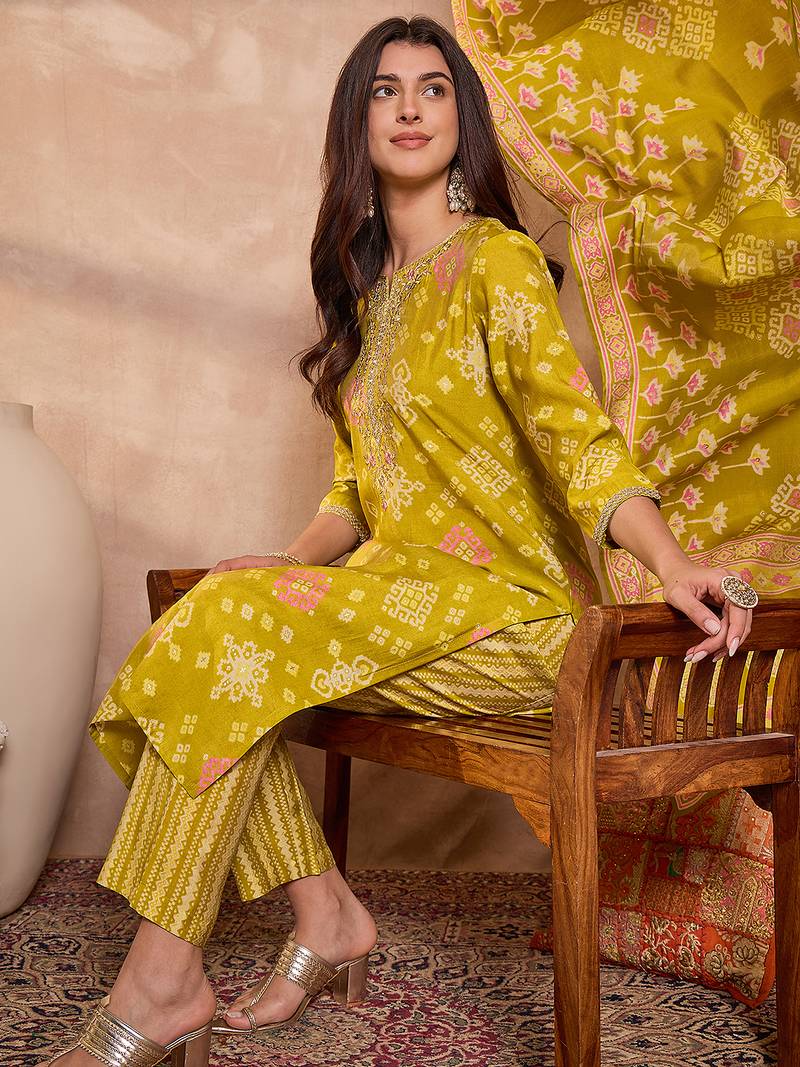 Womens silk blend ethnic motifs printed yellow kurta and trousers with dupatta