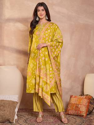 Womens silk blend ethnic motifs printed yellow kurta and trousers with dupatta 2