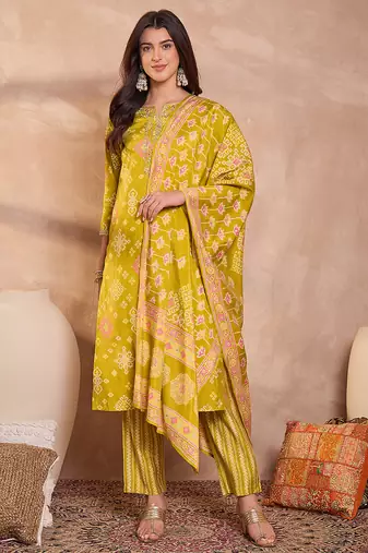 Womens silk blend ethnic motifs printed yellow kurta and trousers with dupatta