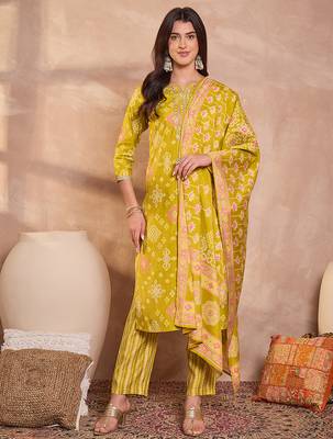 Womens silk blend ethnic motifs printed yellow kurta and trousers with dupatta 3