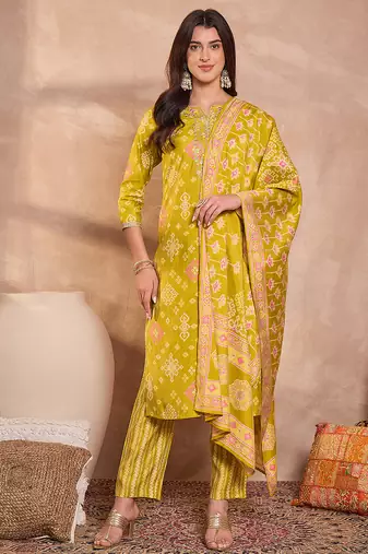 Womens silk blend ethnic motifs printed yellow kurta and trousers with dupatta