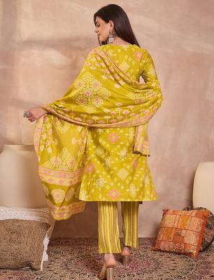 Womens silk blend ethnic motifs printed yellow kurta and trousers with dupatta 4