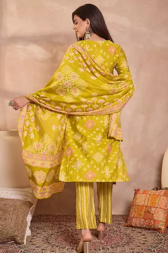 Womens silk blend ethnic motifs printed yellow kurta and trousers with dupatta