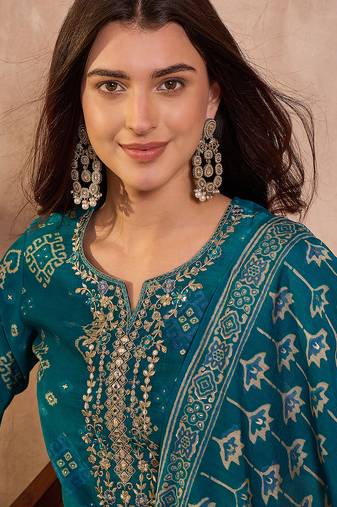 Womens silk blend ethnic motifs printed blue kurta and trousers with dupatta
