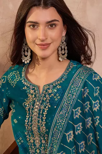 Womens silk blend ethnic motifs printed blue kurta and trousers with dupatta