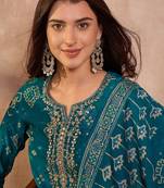 Womens silk blend ethnic motifs printed blue kurta and trousers with dupatta
