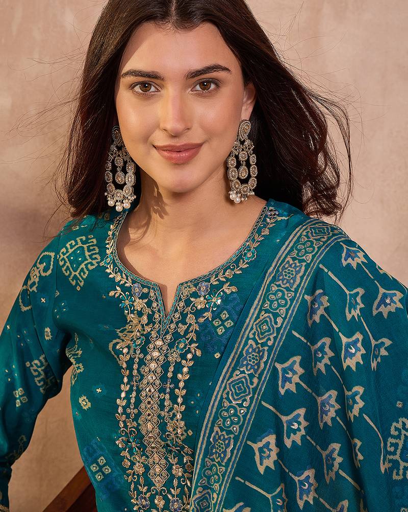 Womens silk blend ethnic motifs printed blue kurta and trousers with dupatta
