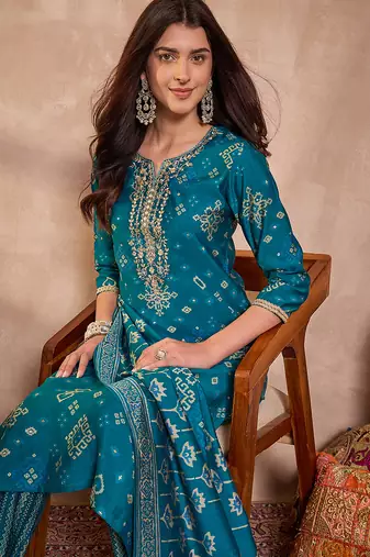 Womens silk blend ethnic motifs printed blue kurta and trousers with dupatta