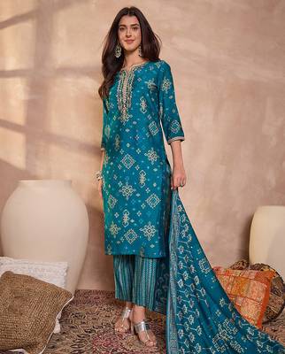 Womens silk blend ethnic motifs printed blue kurta and trousers with dupatta 3