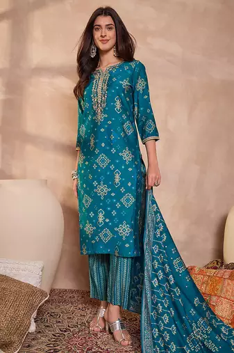 Womens silk blend ethnic motifs printed blue kurta and trousers with dupatta