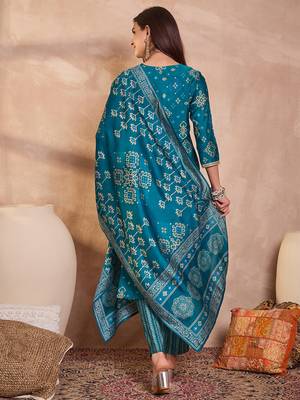 Womens silk blend ethnic motifs printed blue kurta and trousers with dupatta 4