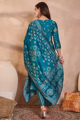 Womens silk blend ethnic motifs printed blue kurta and trousers with dupatta