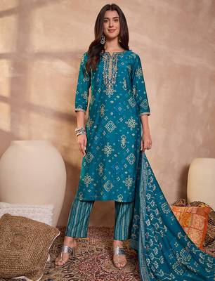 Womens silk blend ethnic motifs printed blue kurta and trousers with dupatta 5