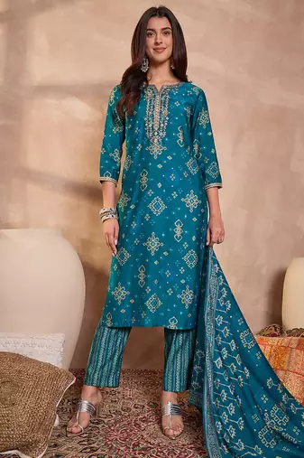 Womens silk blend ethnic motifs printed blue kurta and trousers with dupatta