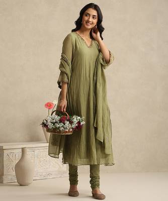 Olive green handloom mul chanderi kurta set 1