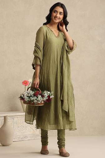 Olive green handloom mul chanderi kurta set