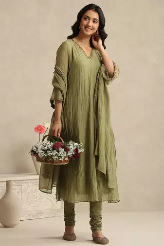 Olive green handloom mul chanderi kurta set