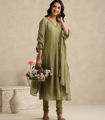 Olive green handloom mul chanderi kurta set