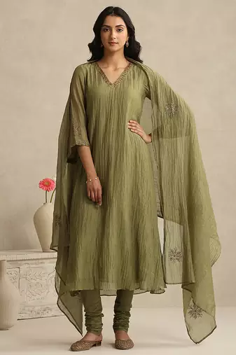 Olive green handloom mul chanderi kurta set