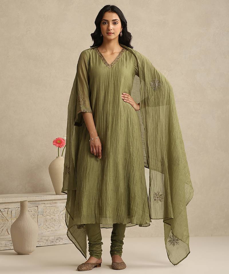 Olive green handloom mul chanderi kurta set
