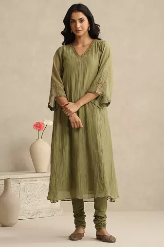 Olive green handloom mul chanderi kurta set