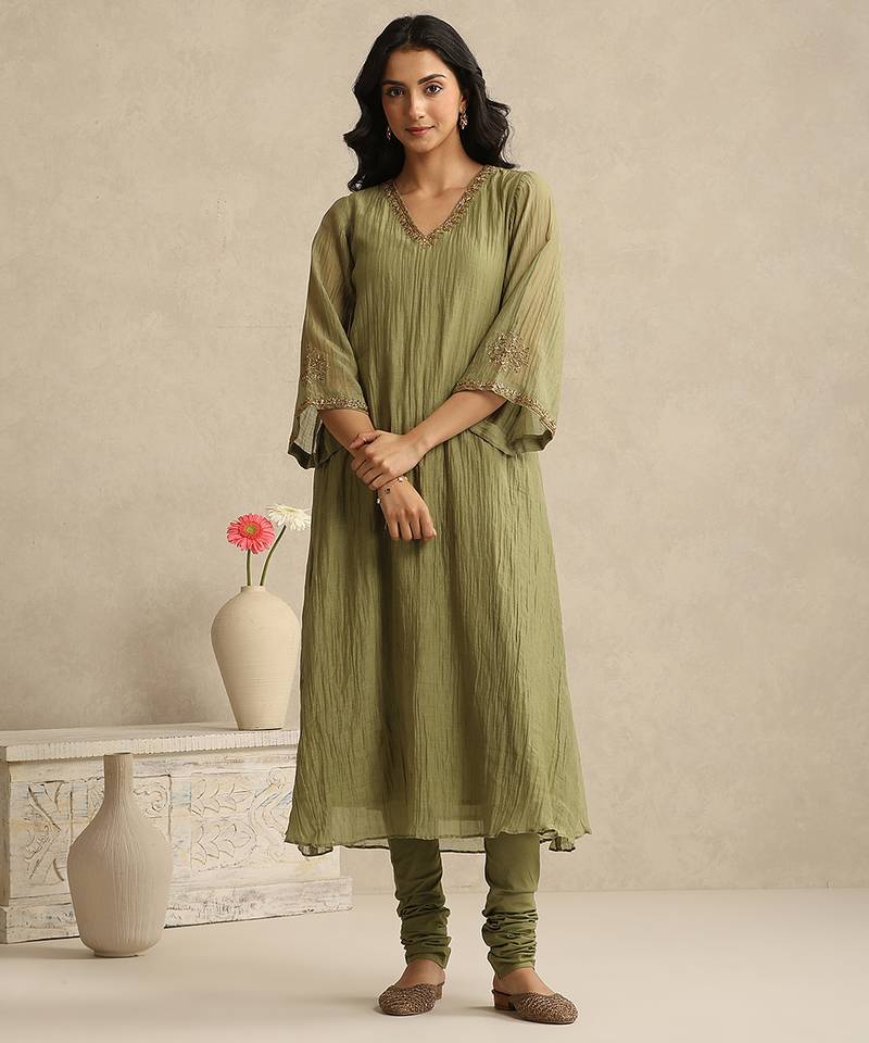 Olive green handloom mul chanderi kurta set