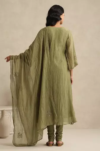 Olive green handloom mul chanderi kurta set
