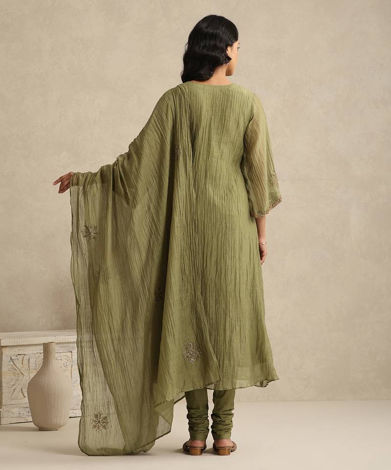 Olive green handloom mul chanderi kurta set