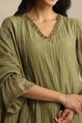 Olive green handloom mul chanderi kurta set