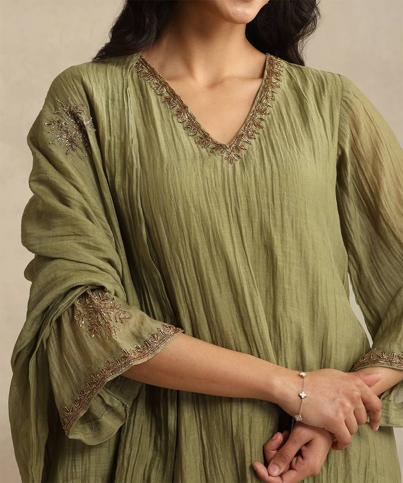 Olive green handloom mul chanderi kurta set