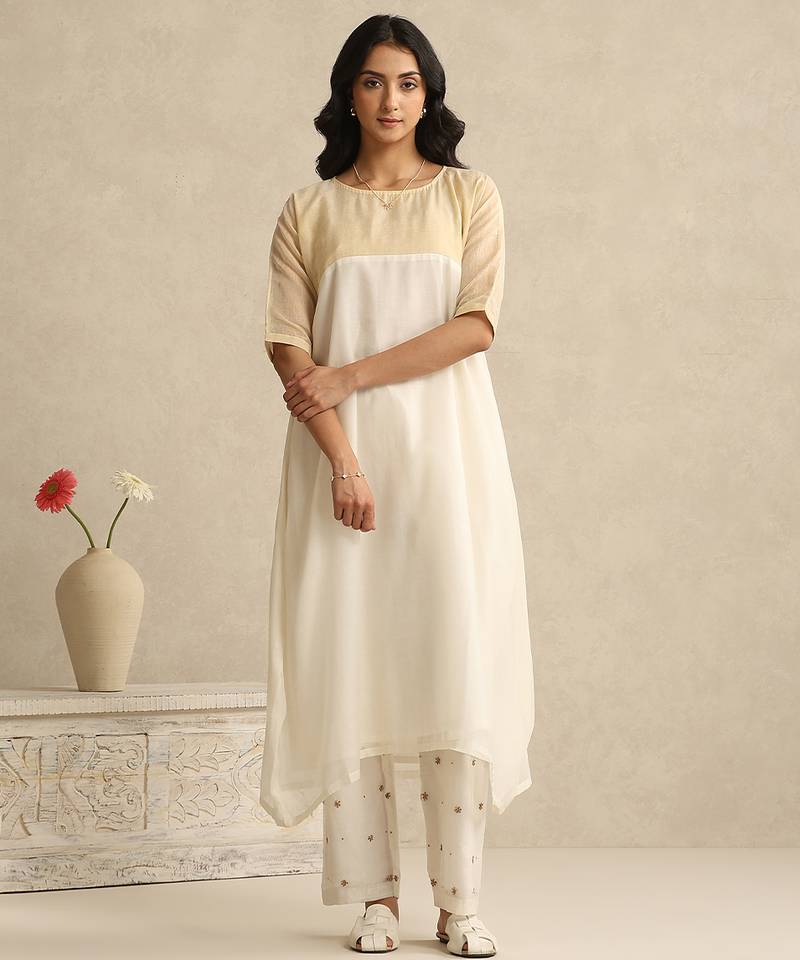 Off white handloom mul chanderi kurta set