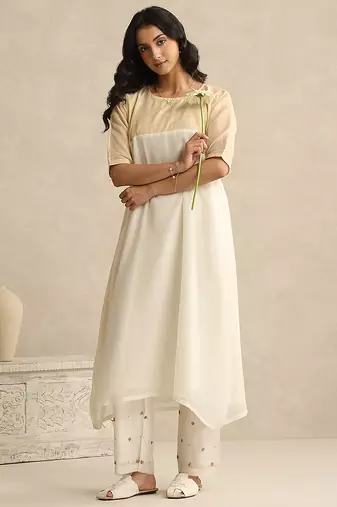 Off white handloom mul chanderi kurta set