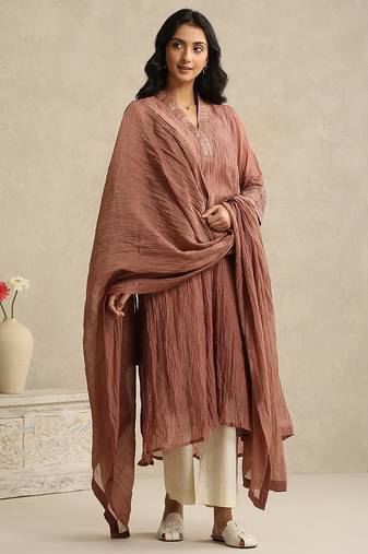Dusty rose handloom mul chanderi kurta set