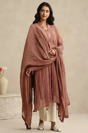 Dusty rose handloom mul chanderi kurta set