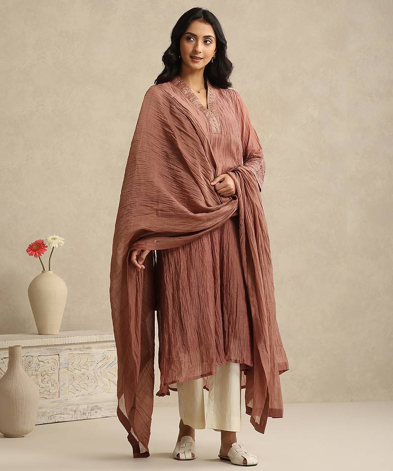 Dusty rose handloom mul chanderi kurta set