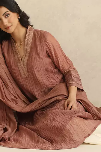 Dusty rose handloom mul chanderi kurta set