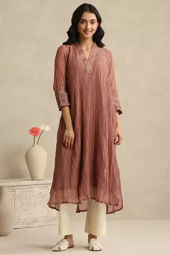 Dusty rose handloom mul chanderi kurta set