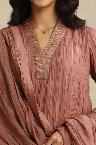 Dusty rose handloom mul chanderi kurta set