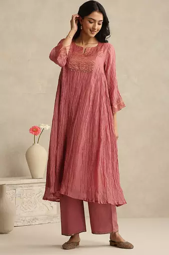 Old rose handloom mul chanderi kurta set