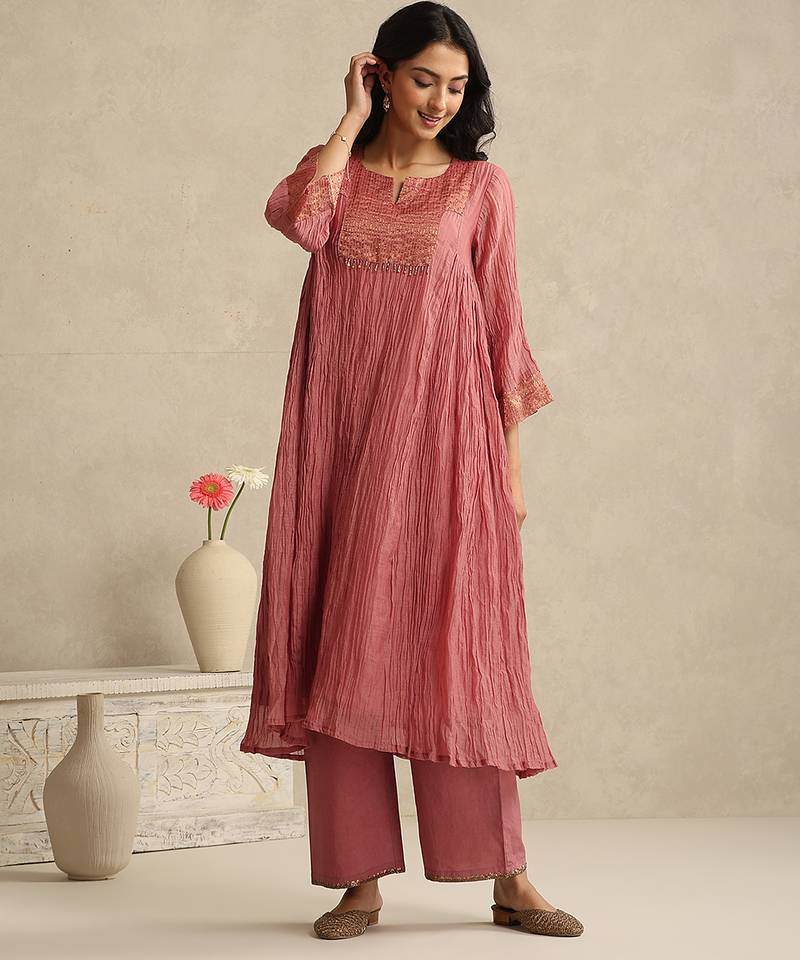 Old rose handloom mul chanderi kurta set