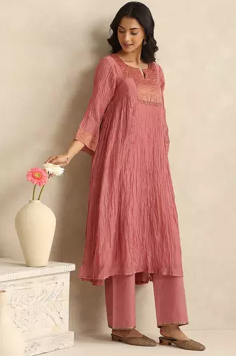 Old rose handloom mul chanderi kurta set