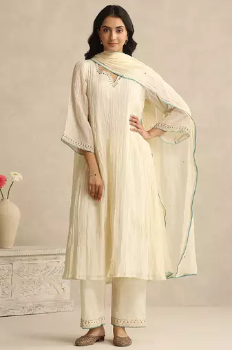 Ivory handloom mul chanderi kurta set