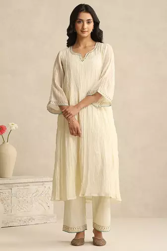 Ivory handloom mul chanderi kurta set