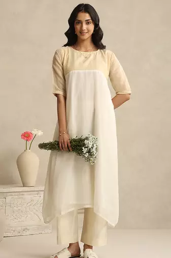 Off white handloom mul chanderi kurta set