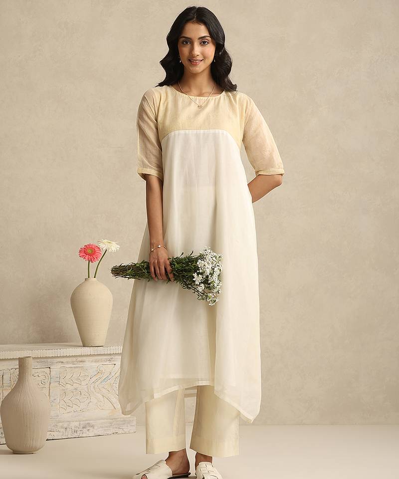Off white handloom mul chanderi kurta set