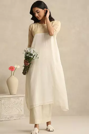 Off white handloom mul chanderi kurta set