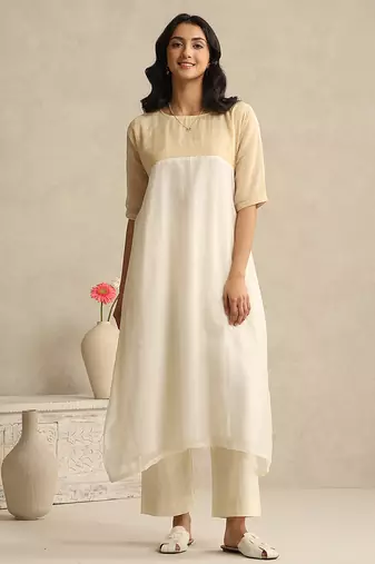Off white handloom mul chanderi kurta set