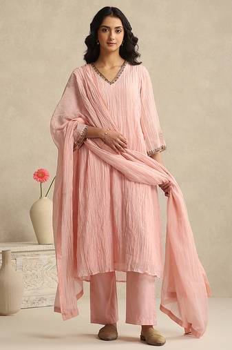 Baby pink handloom mul chanderi kurta set