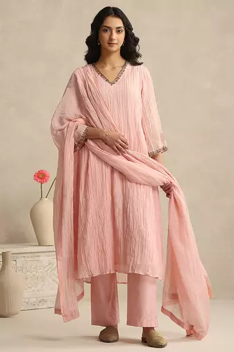 Baby pink handloom mul chanderi kurta set